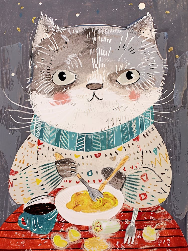 Grey And White Cat Having Breakfast Folk Illustration 3