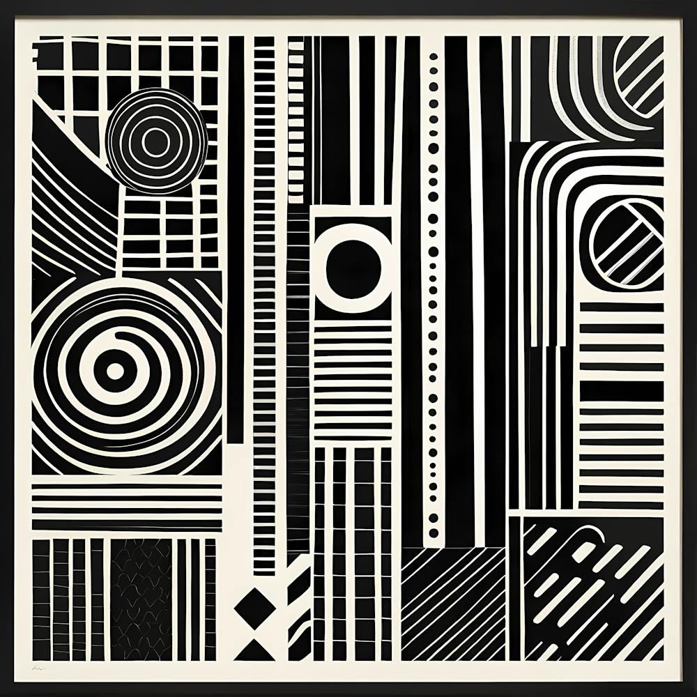 Retro Inspired Linocut Abstract Shapes Black And White Colors art, 231