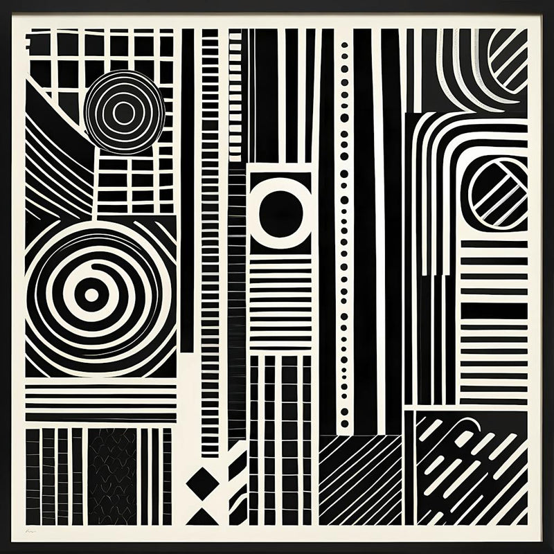 Retro Inspired Linocut Abstract Shapes Black And White Colors art, 231