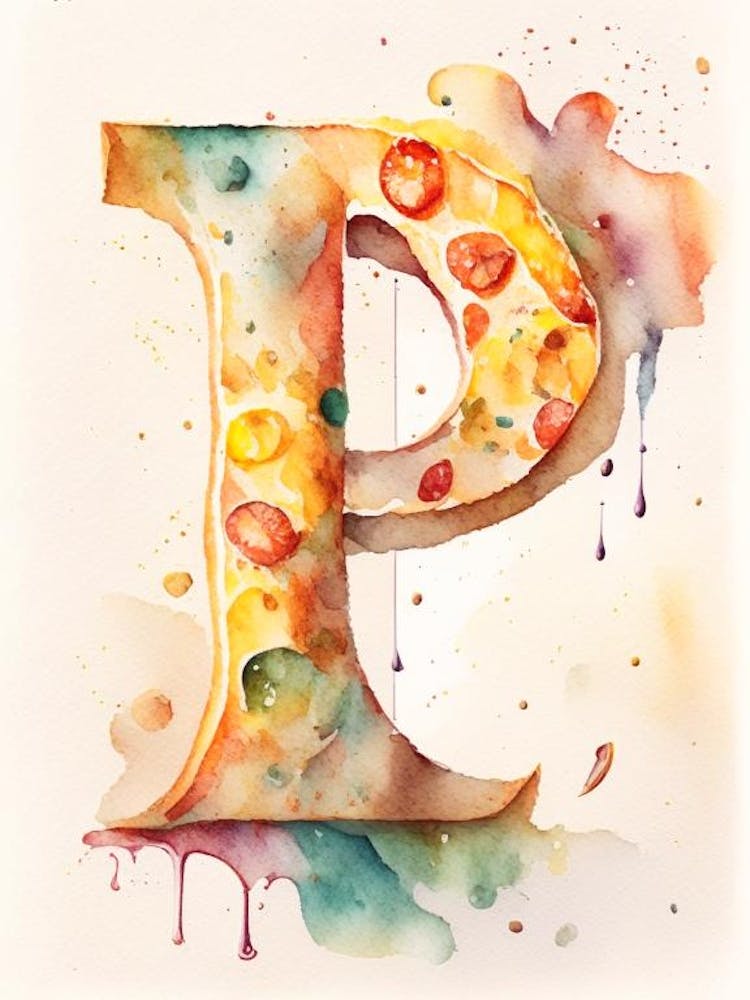P  Pizza, Letter, Alphabet Storybook Watercolour 1
