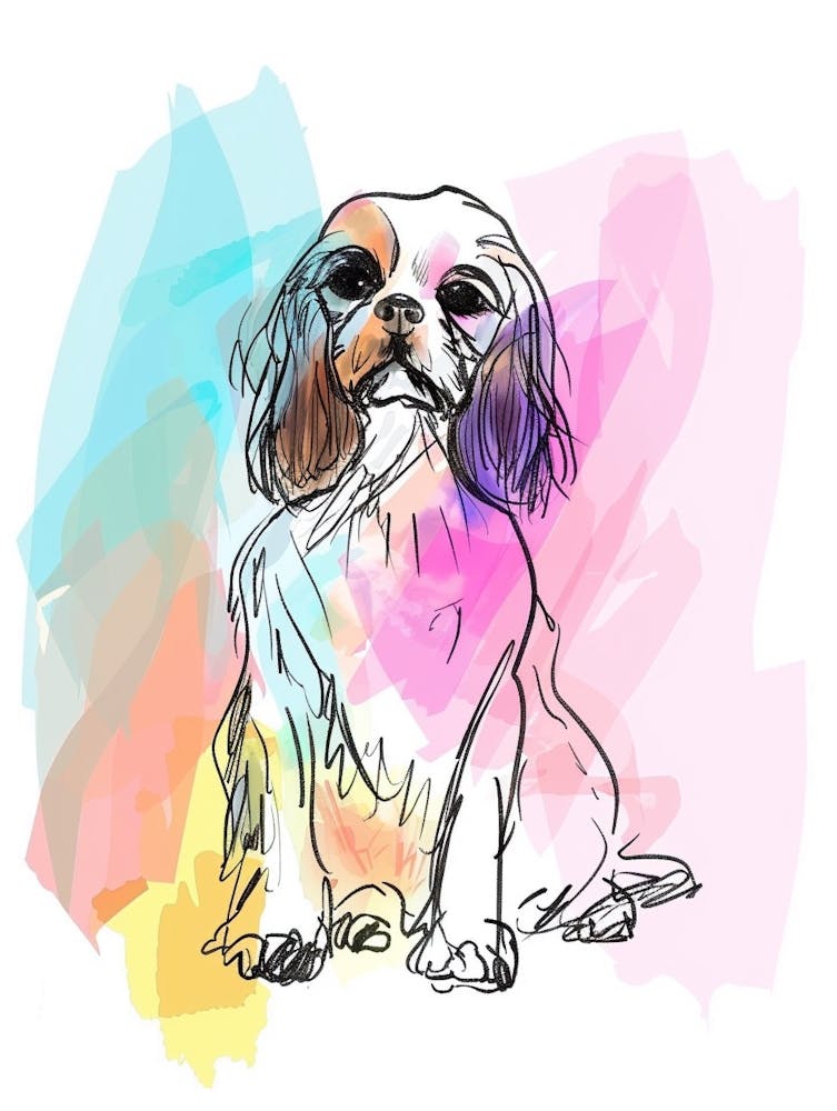 Cavalier King Charles Spaniel Dog Pastel Line Painting 2