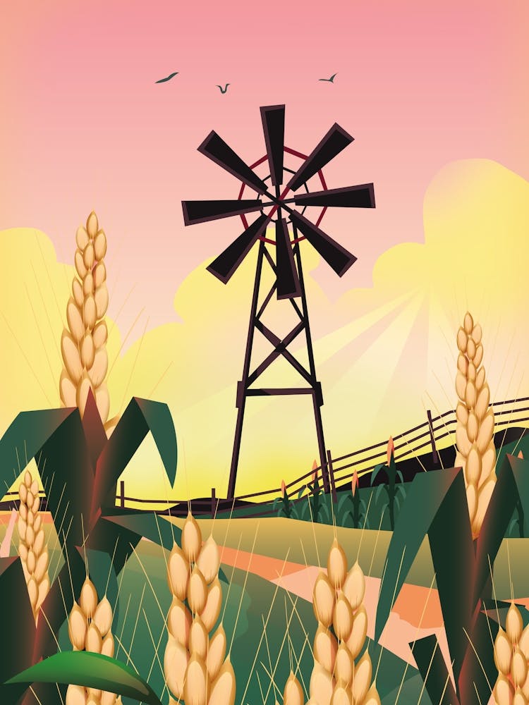 Farmyard windmill at dusk