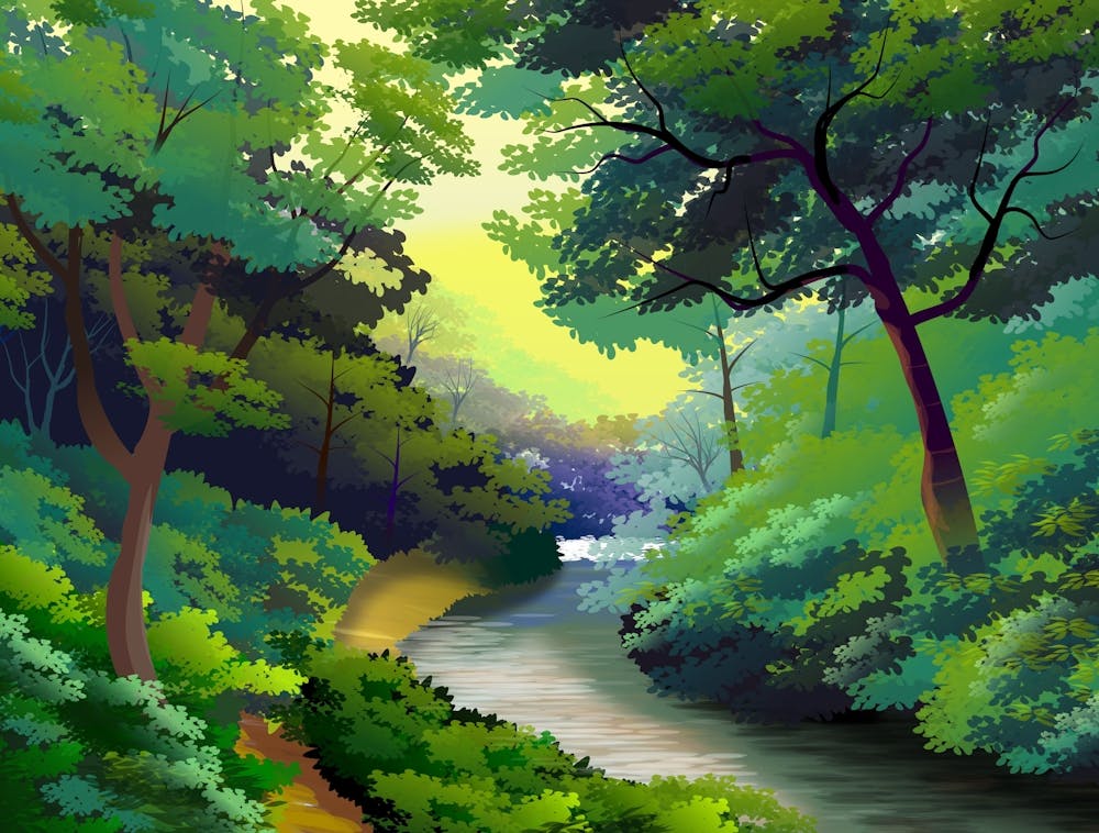 Landscape Illustration Nature Forest River Water Reflexes Shadows Plants Vegetation Trees Light Morning