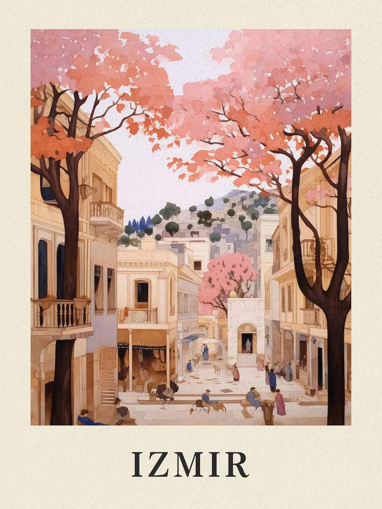 Izmir Turkey 3 Vintage Pink Travel Illustration Poster