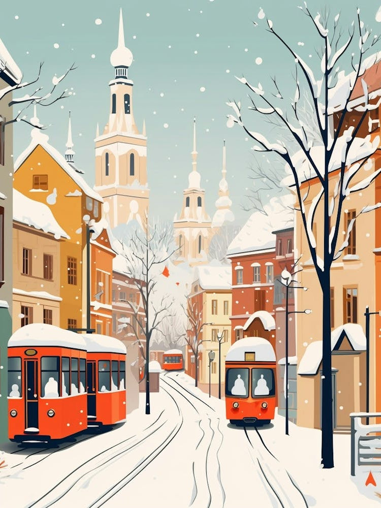 Retro Winter Illustration Krakow Poland