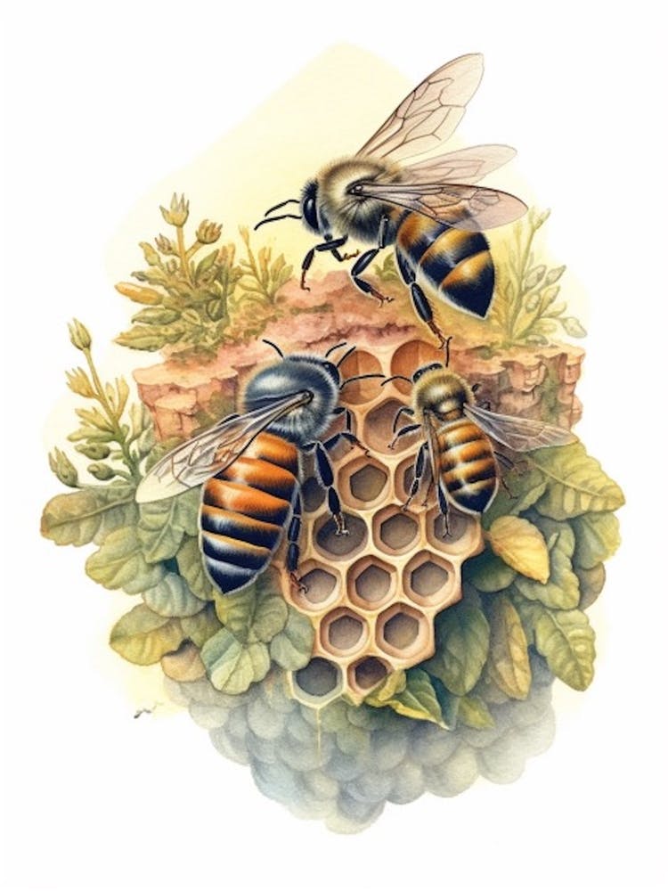 Wool Carder Bee Beehive Watercolour Illustration 1