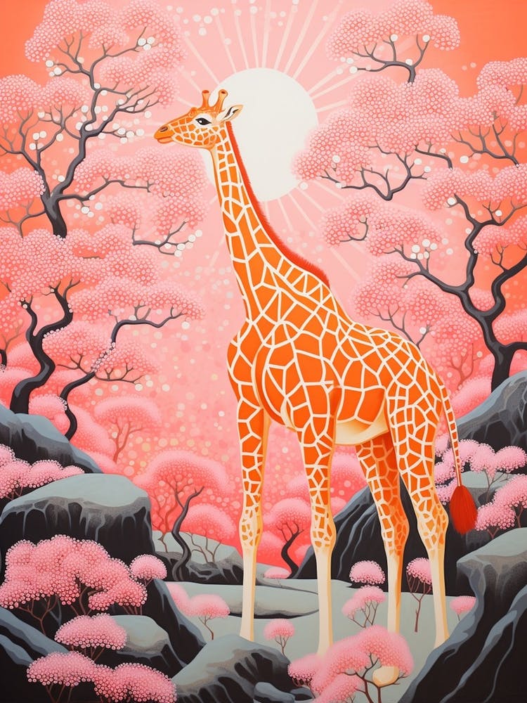 Giraffe In The Nature With Trees Pink 5
