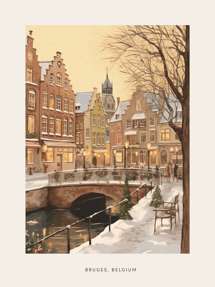 Vintage Winter Poster Bruges Belgium 1