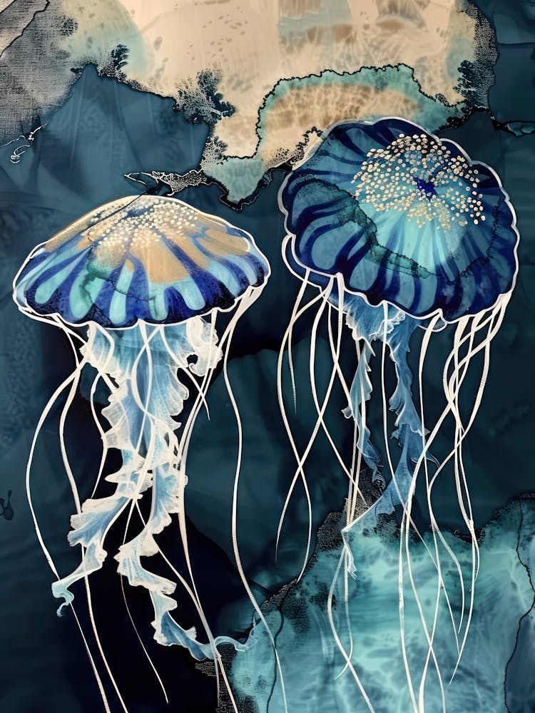Jellyfish Painting Gold Blue Effect Collage 3