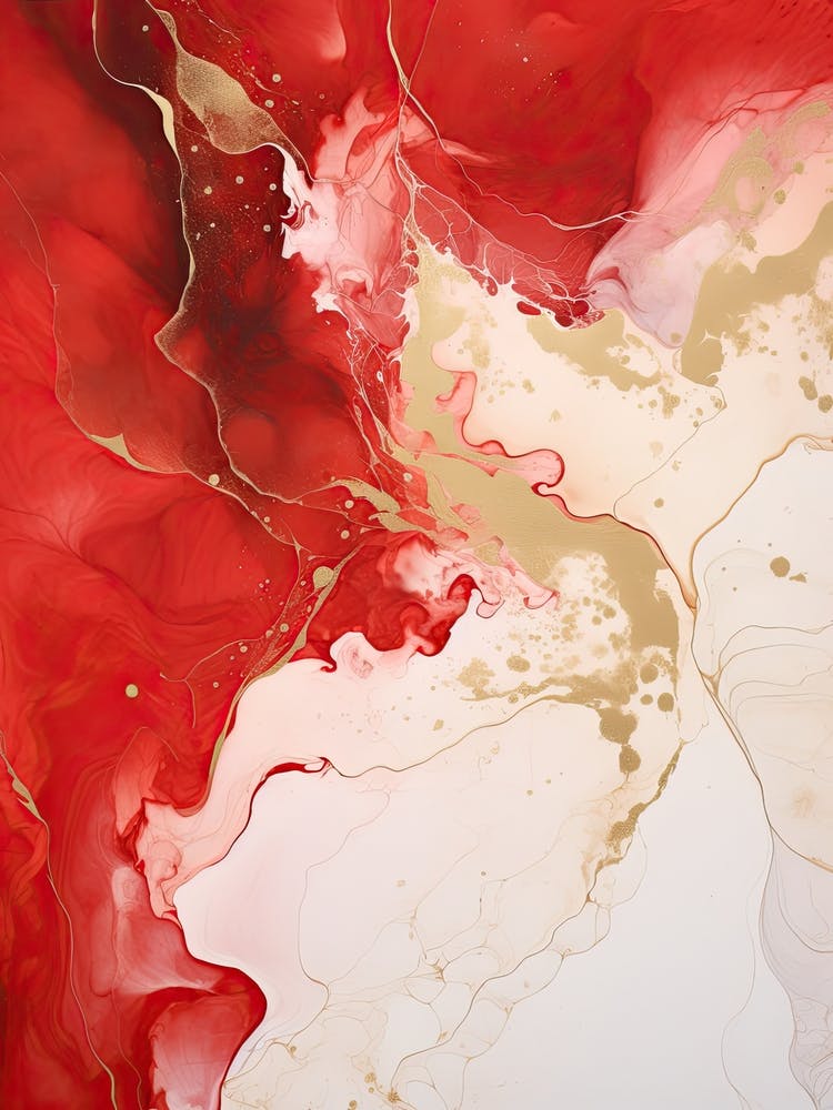 Red, White, Gold Flow Asbtract Painting 0