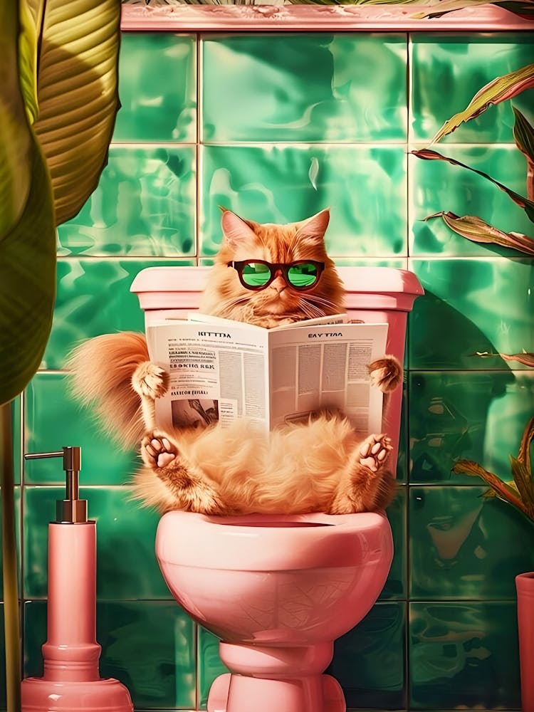 Yellow Funny Cat Toilet Print, Trendy Bathroom Cat Print, Funny Toilet Posters, Toilet Wall Art, Funny Cat Poster, Funny Bathroom Decor