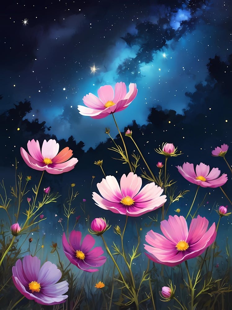 Oil Painting Style Stylized Cosmos Flowers