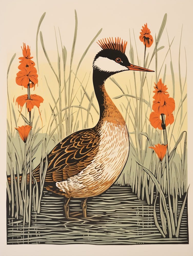 Vintage Bird Linocut Grebe 2
