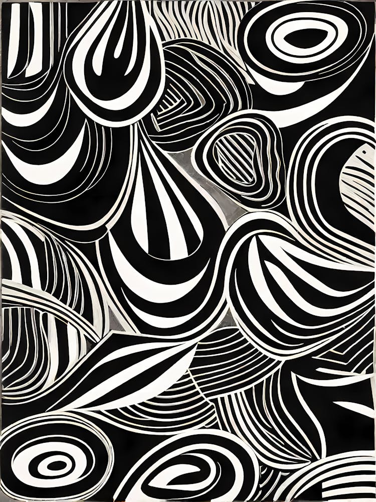 A Linocut Piece Depicting A Mysterious Abstract Shapes, black and white art, 192