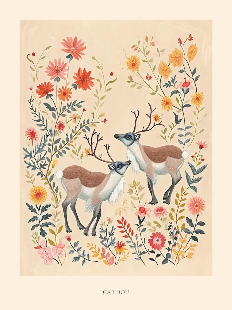 Folksy Floral Animal Drawing Caribou Poster