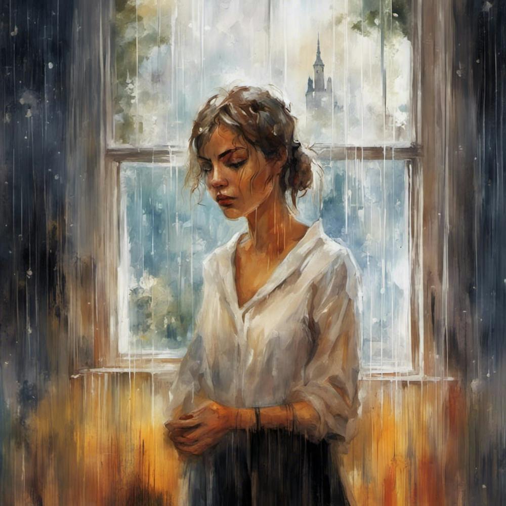 Grieving women crying by her window