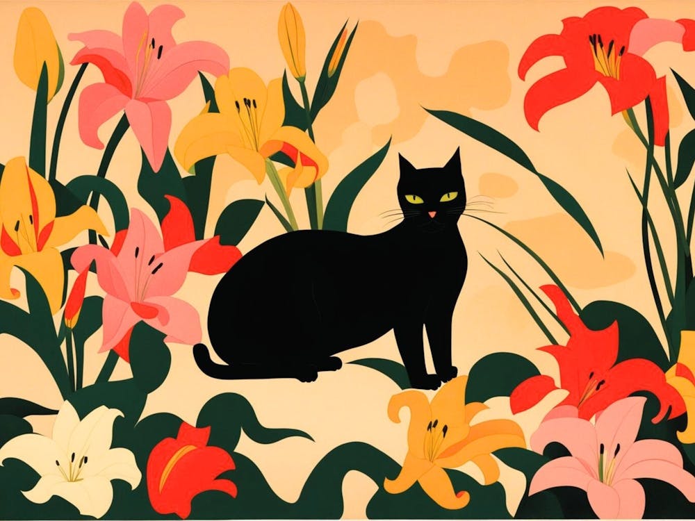 Black Cat In Lilies 1