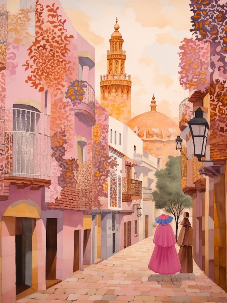 Sevilla Spanien 4 Vintage Rosa Reiseillustration