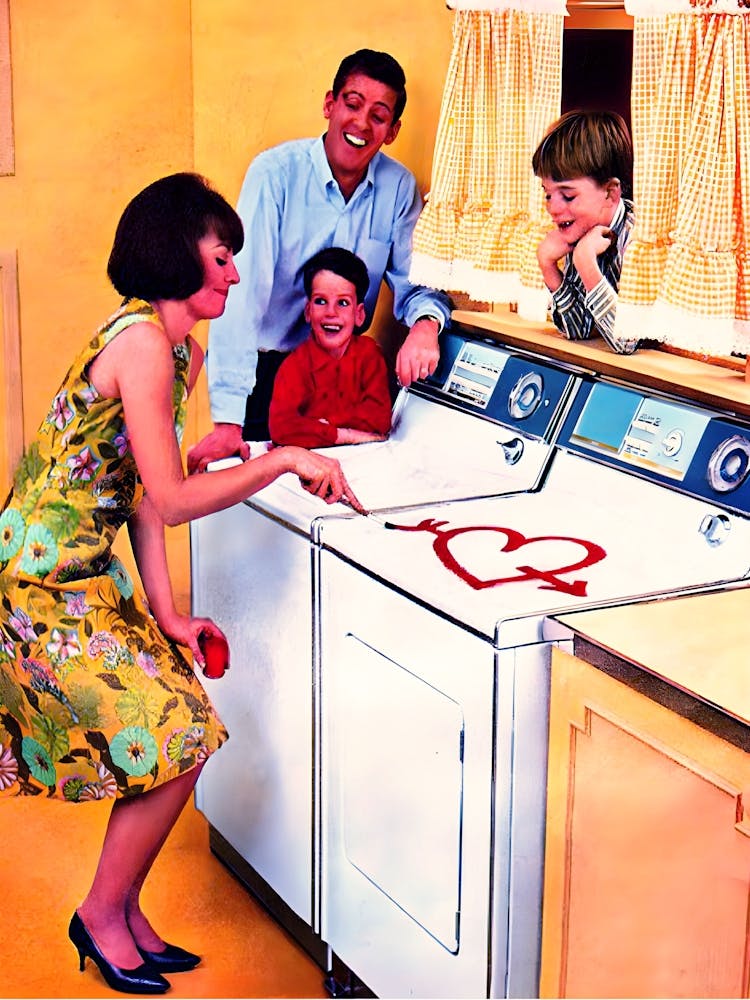 Ma is Drawing A Big Heart on Washing Machine, Funny Vintage Advertising Poster