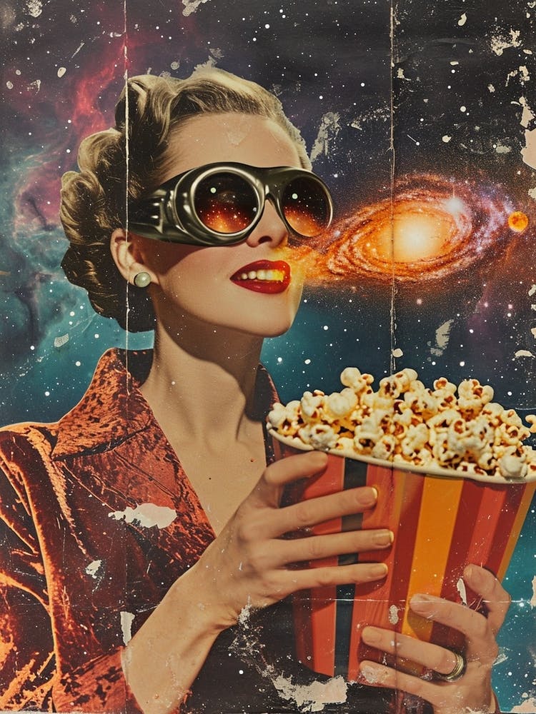Retro Person Holding Popcorn Galaxy Collage