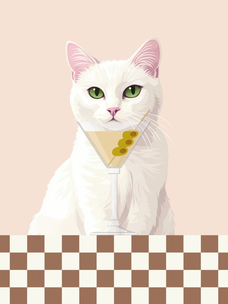 white cat with dirty martini cocktail art in a girly aesthetic, trendy wall art in muted colors perfect for kitchens, bar carts, coffee bars and living rooms, 50s sytle vintage inspired minimalist illustration of a cute cat with drink