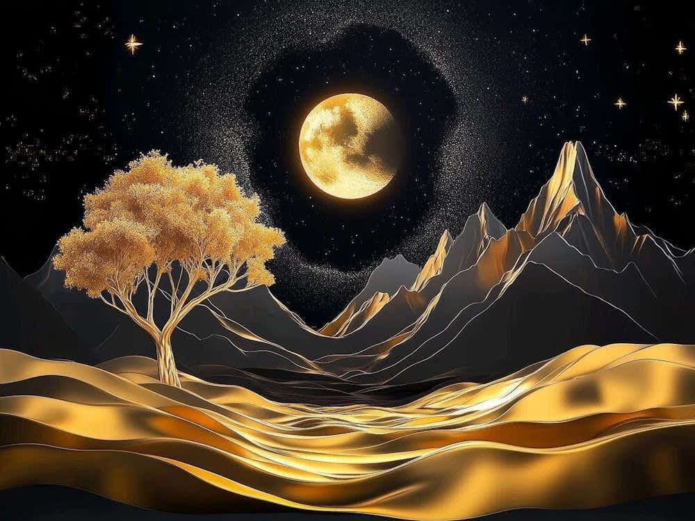 3d Modern Night Landscape With Dark Mountains, Dark Black Background With Stars Painting
