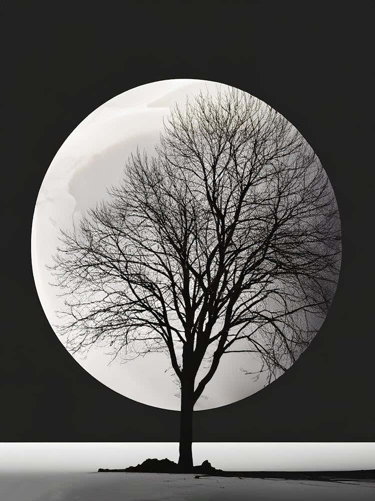 Tree Silhouette Against Full Moon