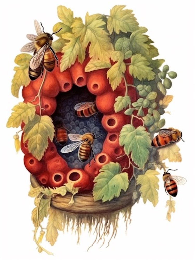 Red Mason Bee Beehive Watercolour Illustration 6