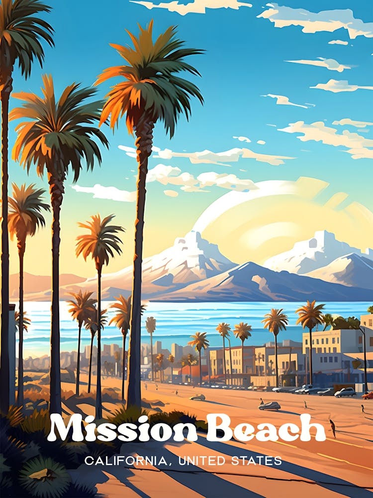 Mission Beach California United States Sunset Modern Travel Illustration