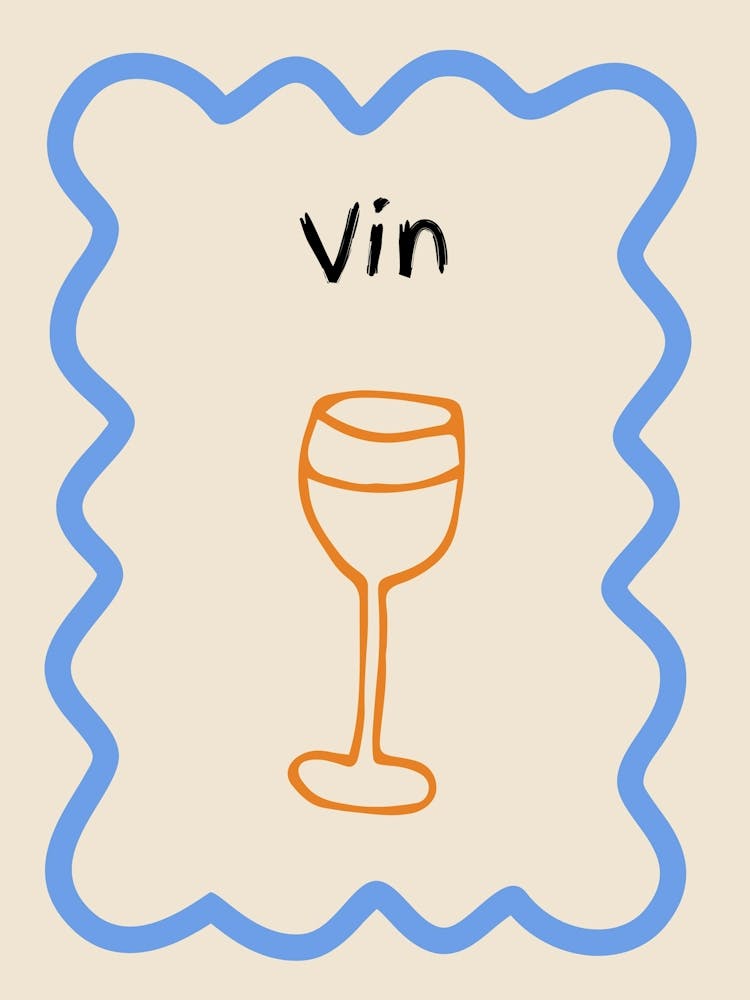 Wine Doodle Poster French Blue & Orange