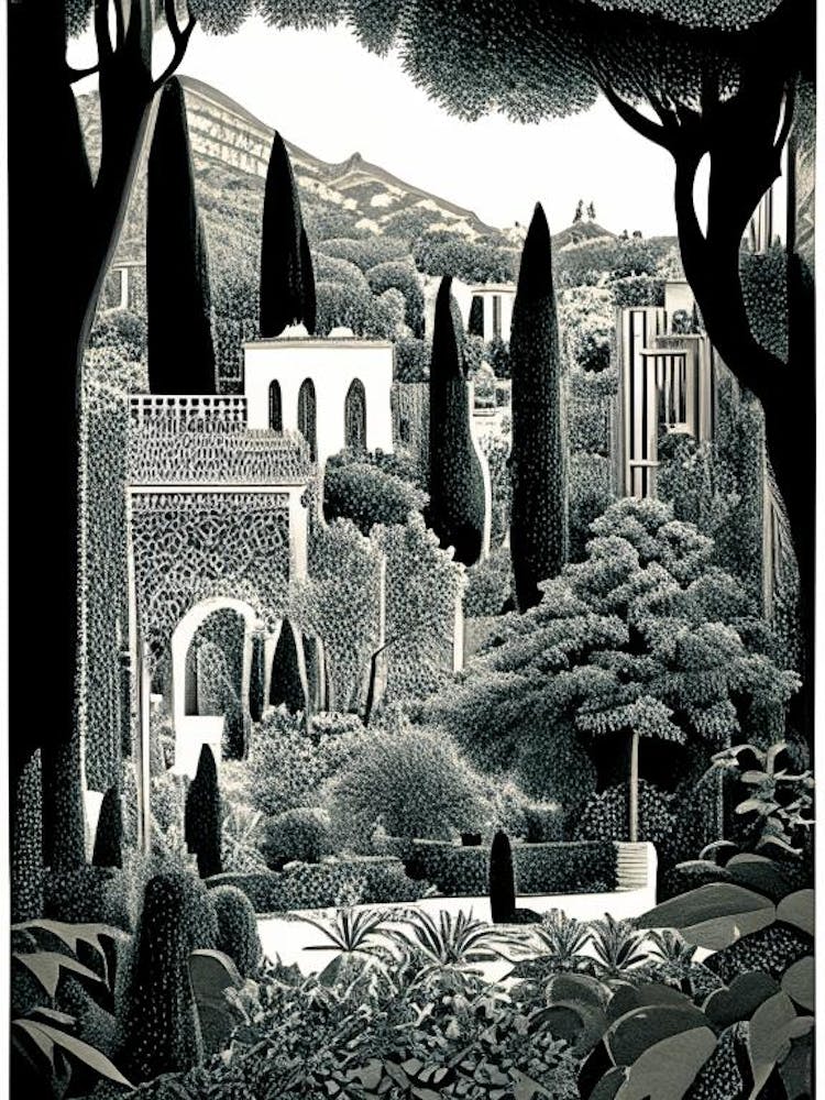 Gardens Of Alhambra, Spain Linocut Black And White Vintage