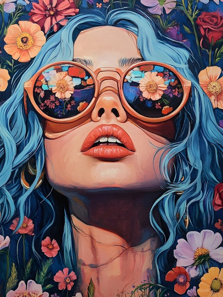 Blauhaarige Frau mit Blumen 6