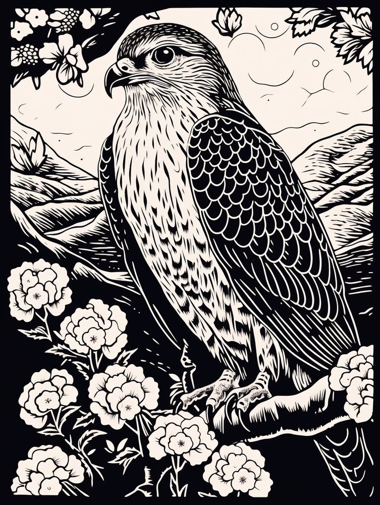 Linogravure d'oiseau N&B Buse à queue rousse 2