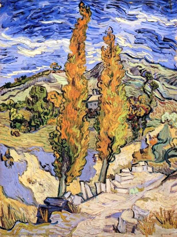 Vincent Van Gogh, Two Poplars on a Hill, 1889 Oil on Panel Painting HD Remastered Immaculate