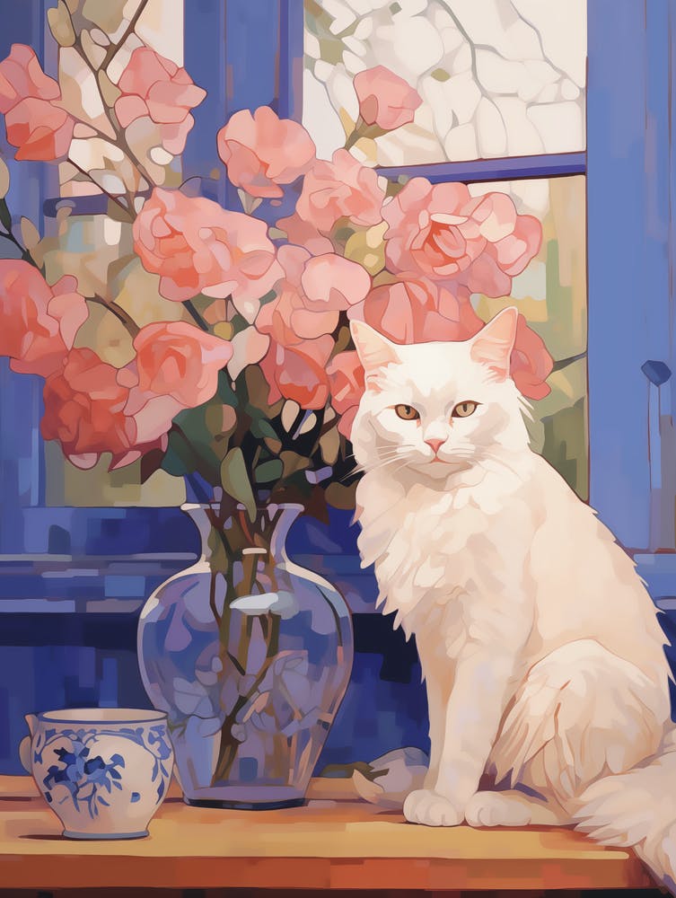 White Cat By Flowers