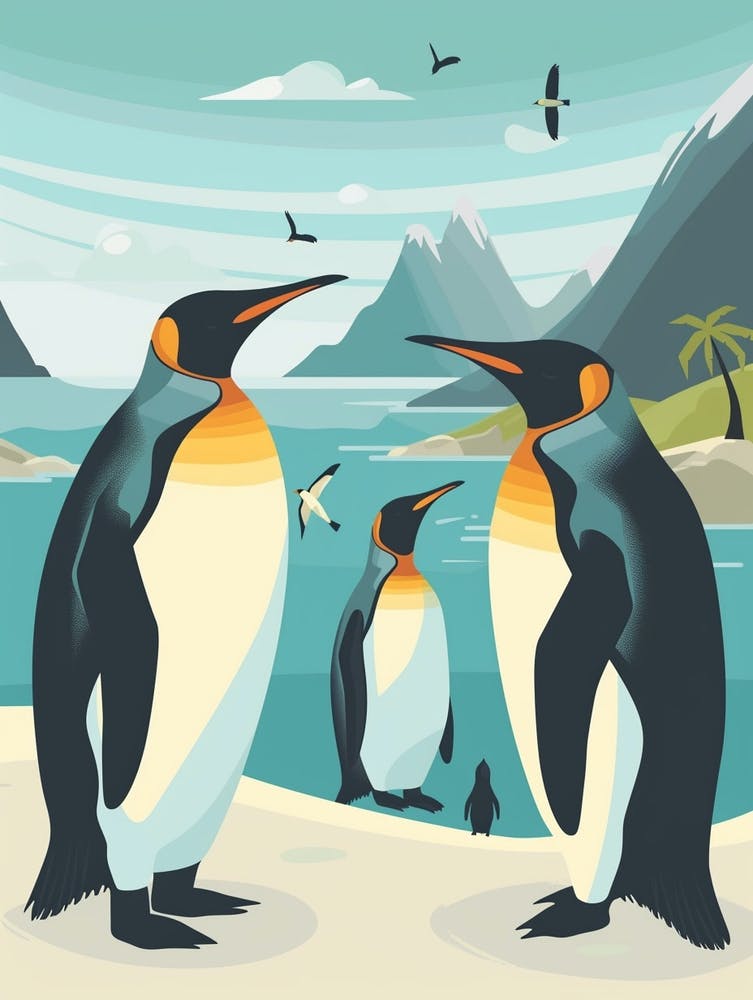 King Penguin Paradise Harbor Minimalist Illustration 4