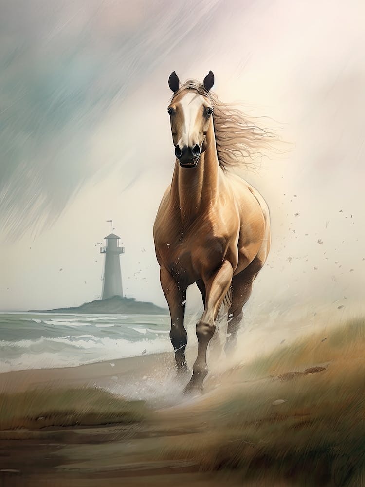 Peinture de Cheval Courant sur la Plage avec un Phare
