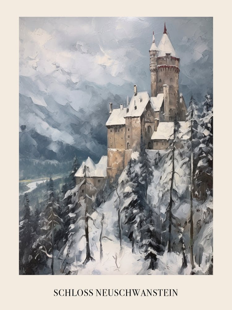 Vintage Winter Painting Poster Schloss Neuschwanstein Germany