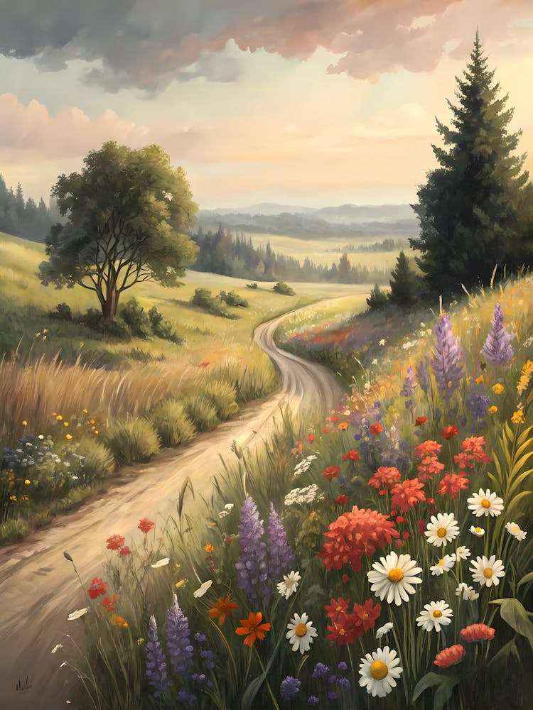 "A Patchwork of Gardens with Varied Flowers Oil Painting Style