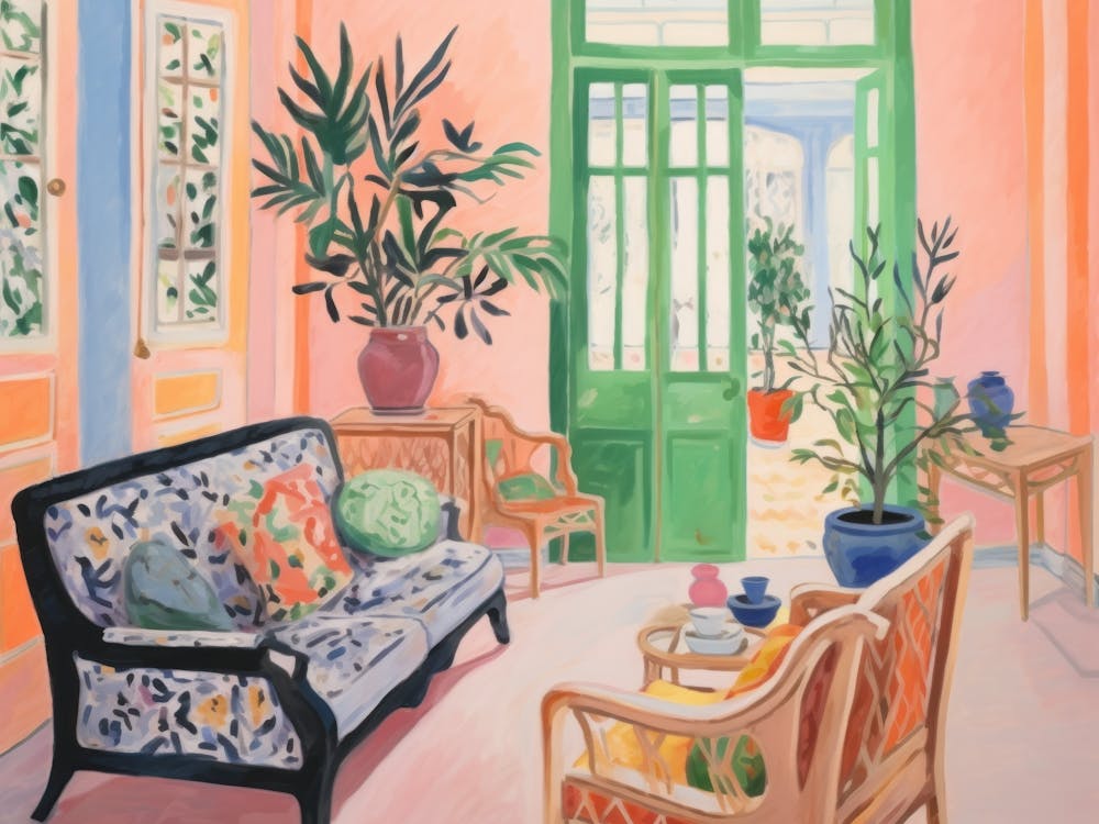 Living Room. Vintage Gouache Henry Matisse Style Interior Painting