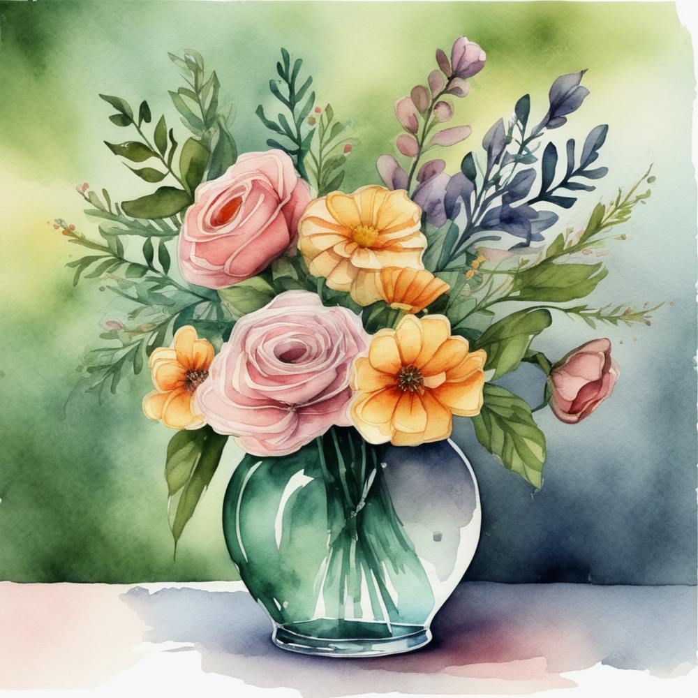 Watercolor Flowers In A Vase 1