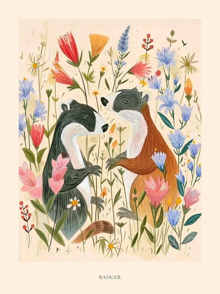 Folksy Floral Animal Drawing Badger 3 Poster