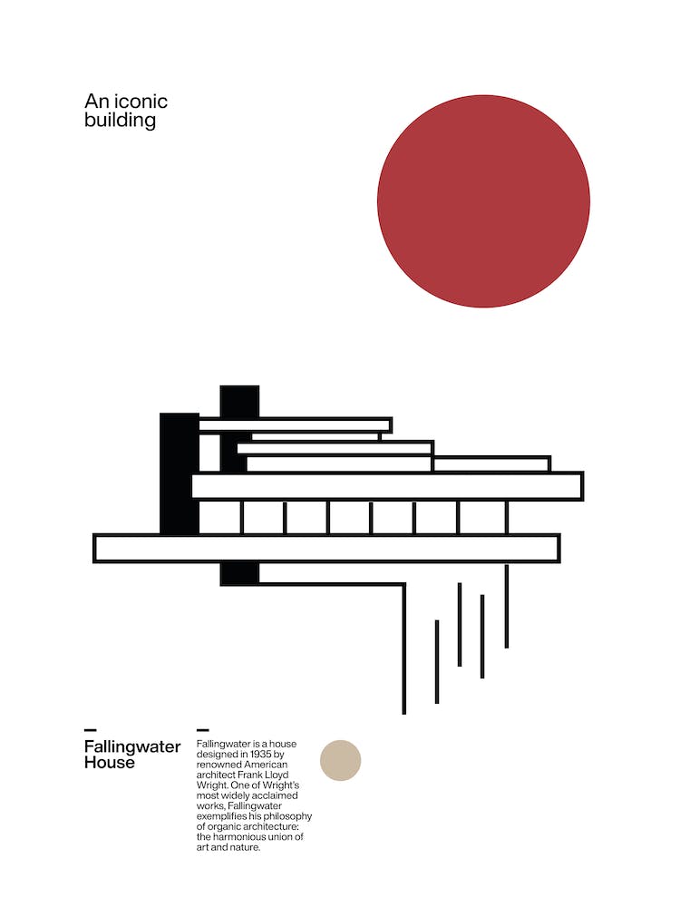 Minimalist Poster illustration of Frank Lloyd Wright's Fallingwater - Architecture