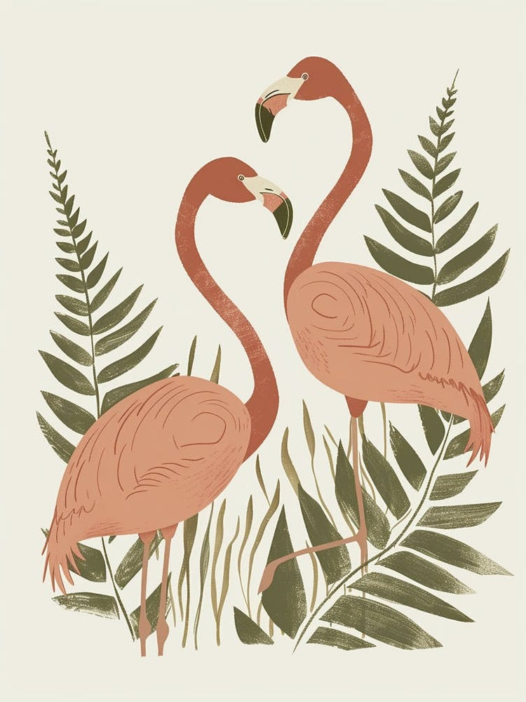 Lesser Flamingo And Ferns Minimalist Illustration 2