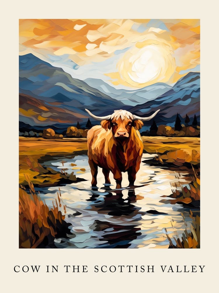 Brushstroke Impressionism Style Painting Of A Highland Cow In The Scottish Valley Poster