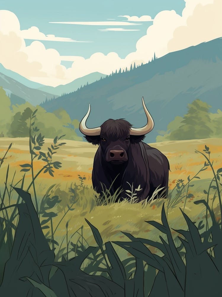 Animated Black Bull Sat In Highlands Fields