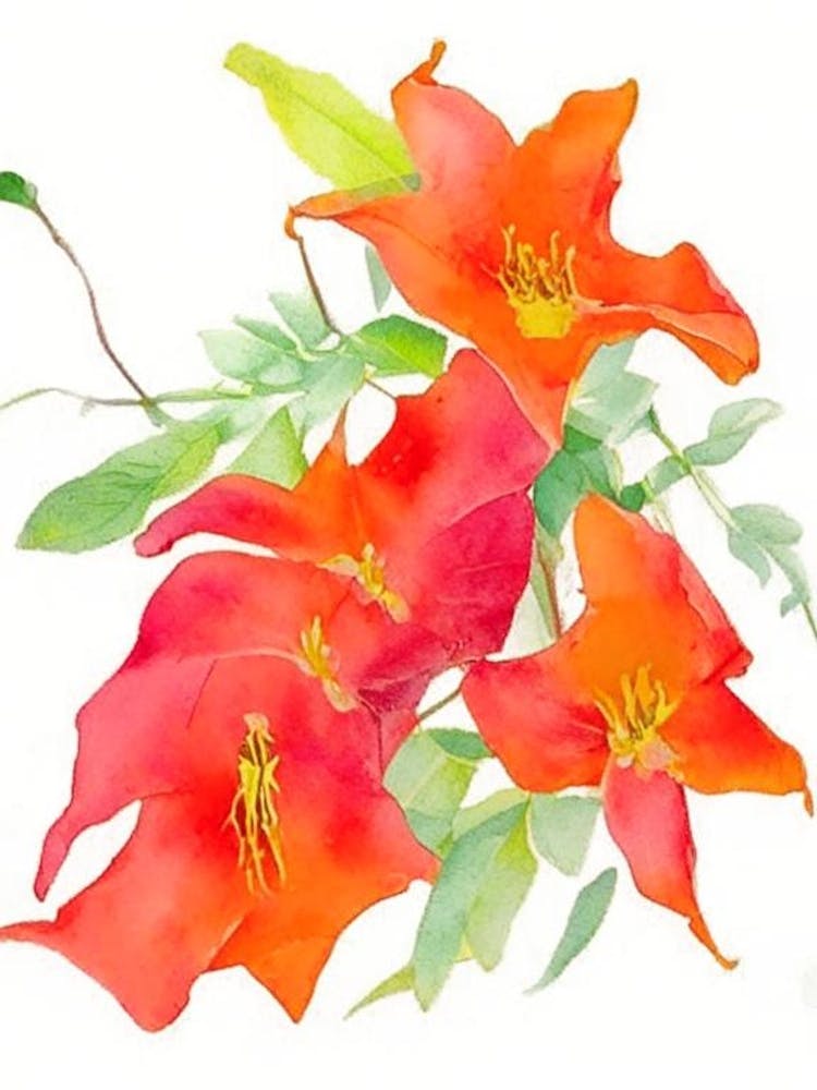 Trumpet Vine Wildflower Watercolour