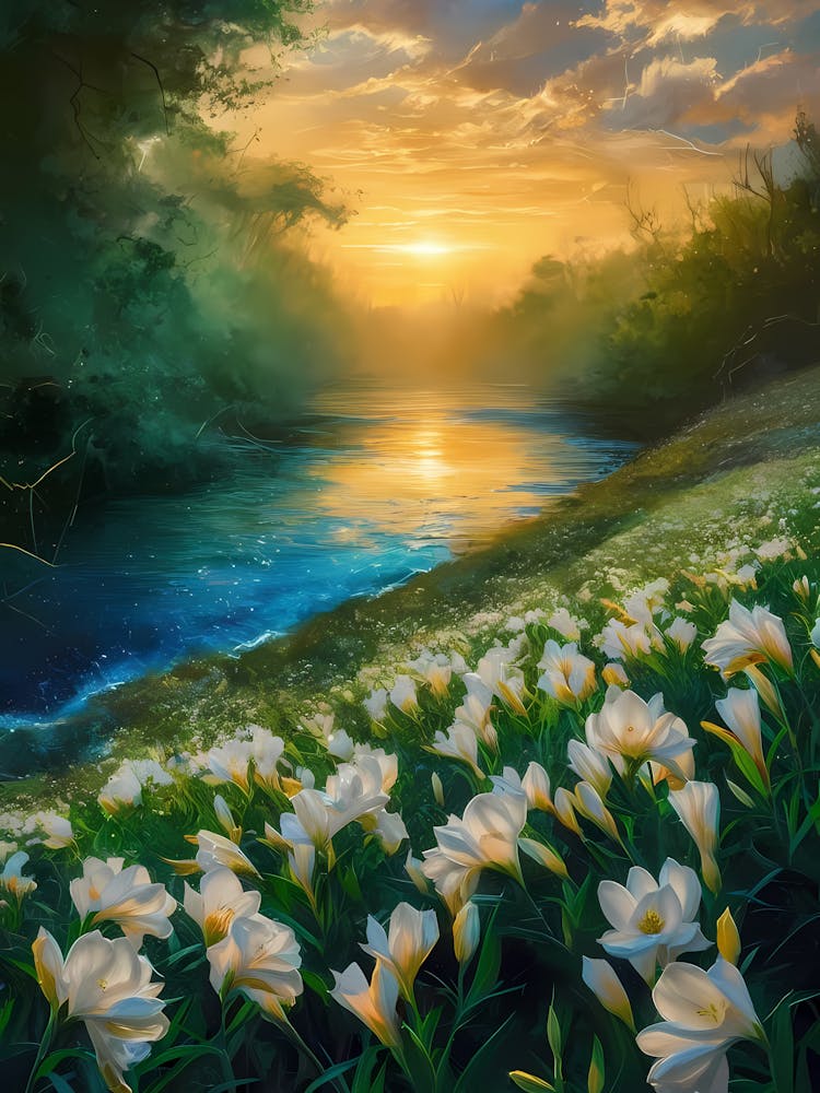 Sunset With White Lilies