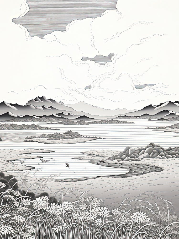 Shiretoko Peninsula In Hokkaido, Ukiyo E Black And White Line Art Drawing 2