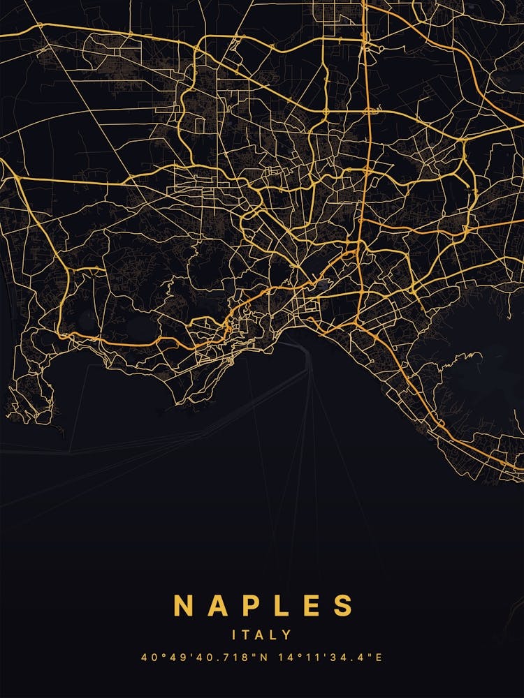 Naples Italy Black And Gold Map